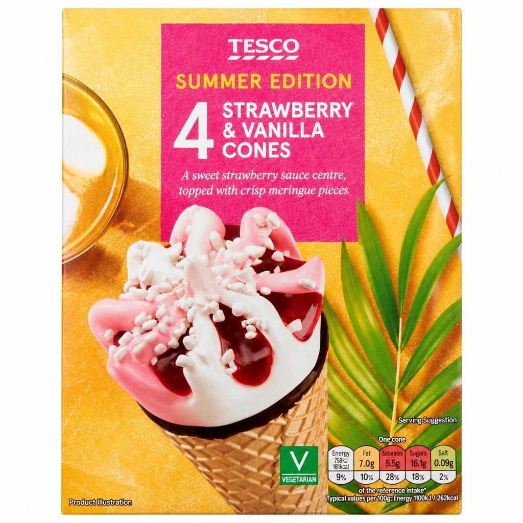 Tesco Strawberry & Vanilla Cones 4 X 110Ml