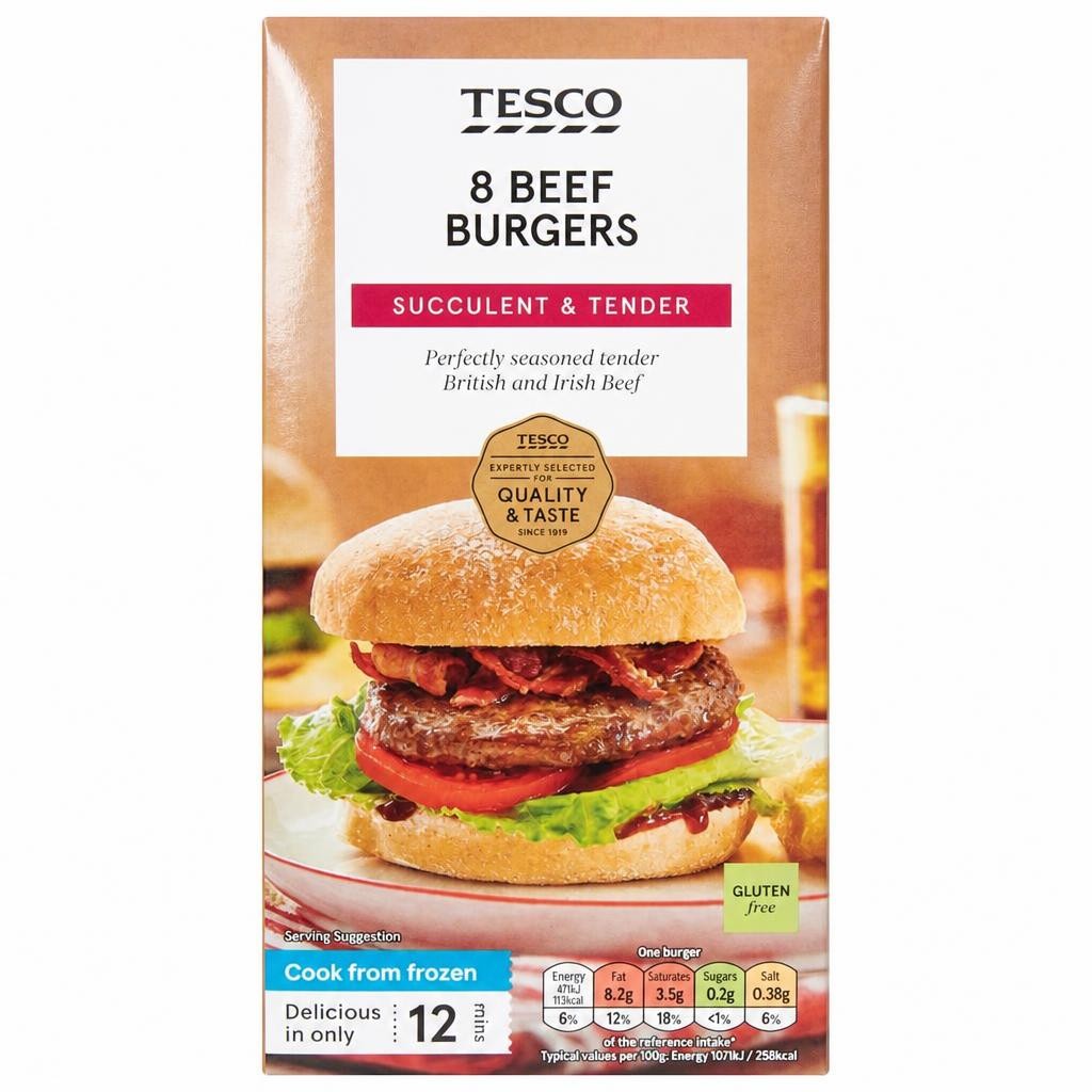 Tesco Beef Burgers 8 Pack 454G