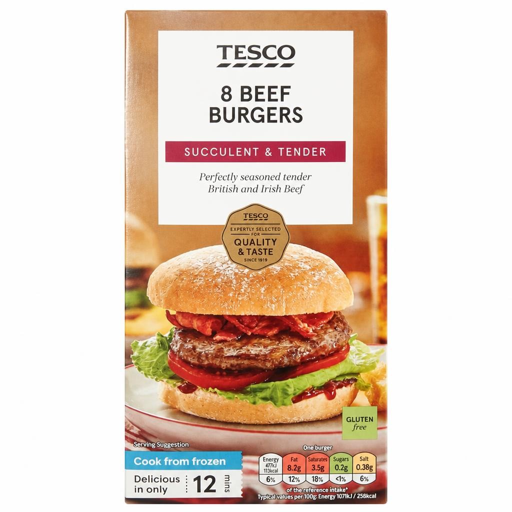 Tesco Beef Burgers 8 Pack 454G