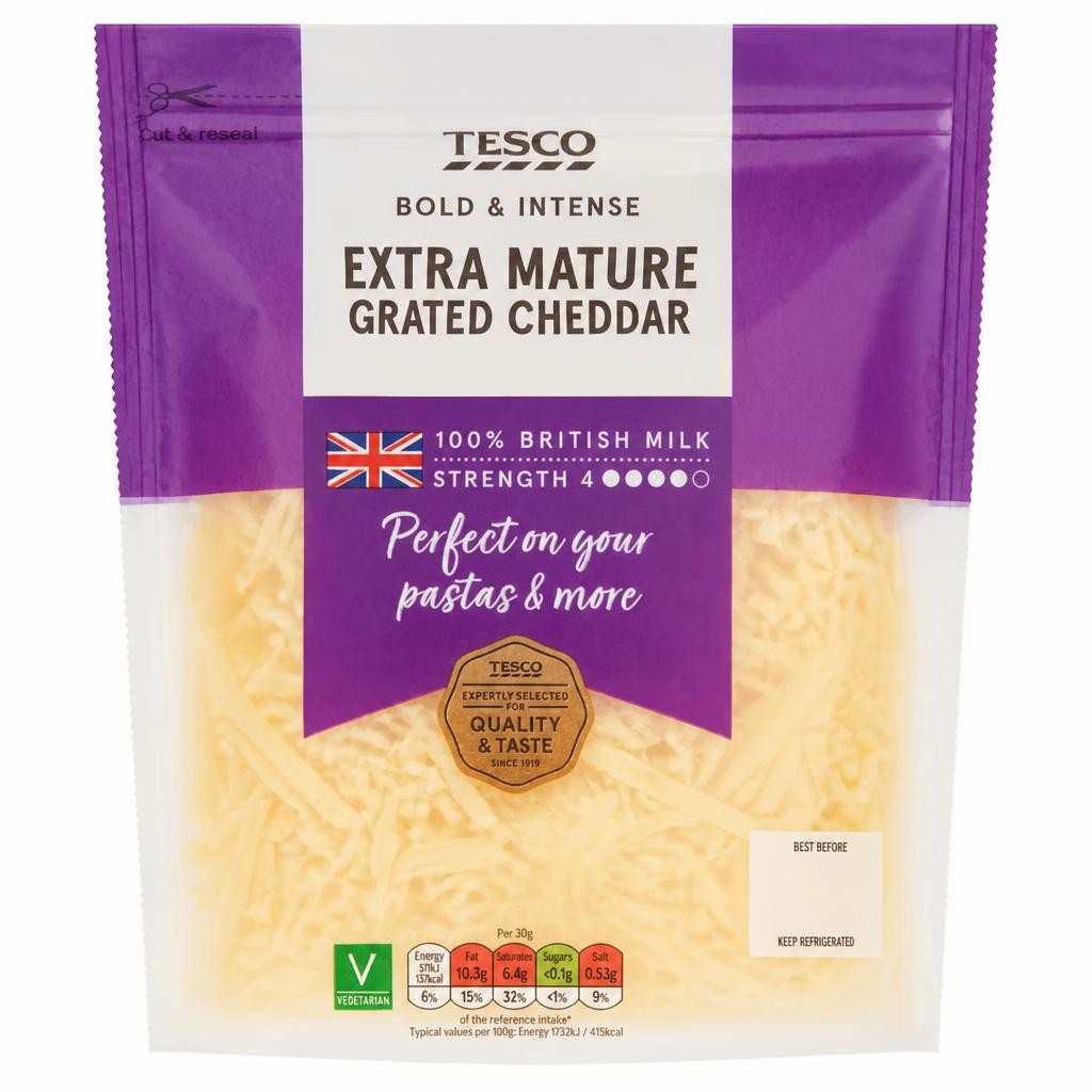 Tesco British Extra Mature Grated Cheddar Cheese 250 G