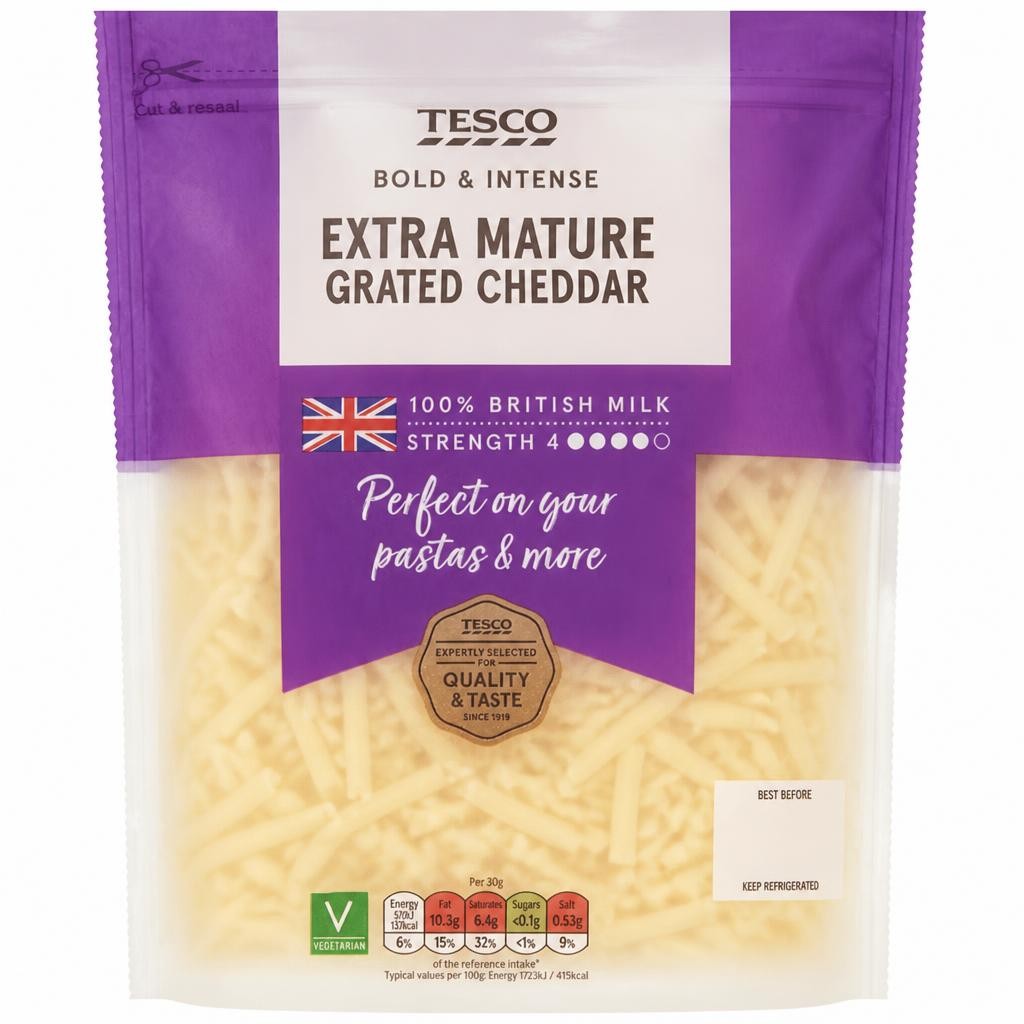 Tesco British Extra Mature Grated Cheddar Cheese 250 G