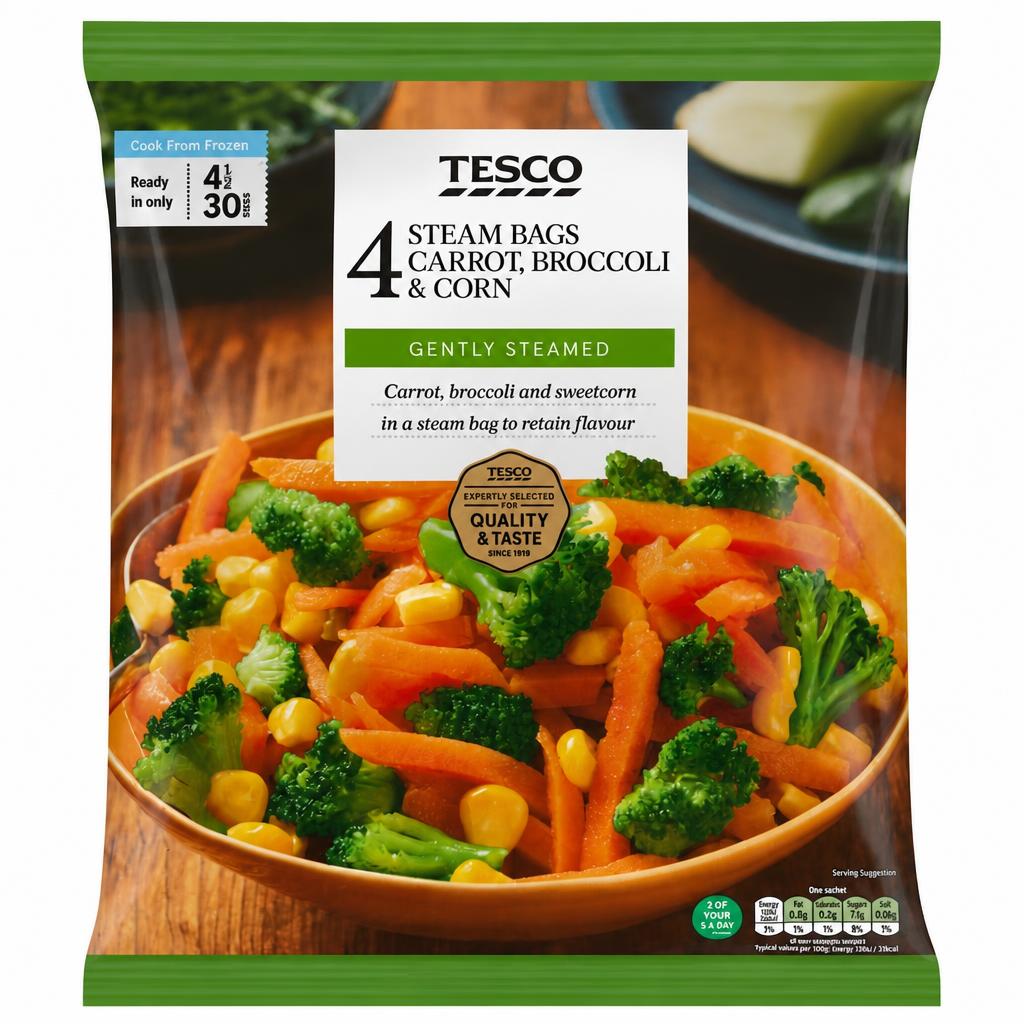 Tesco Steam Bags Carrot, Broccoli & Corn 4 x 160g (640g)