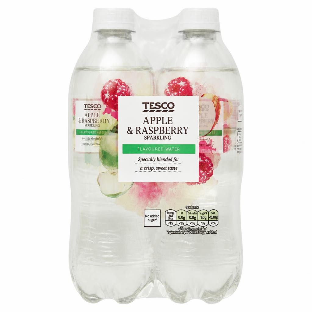 Tesco No Added Sugar Apple & Raspberry Sparkling Flavoured Water 4 x 500ml