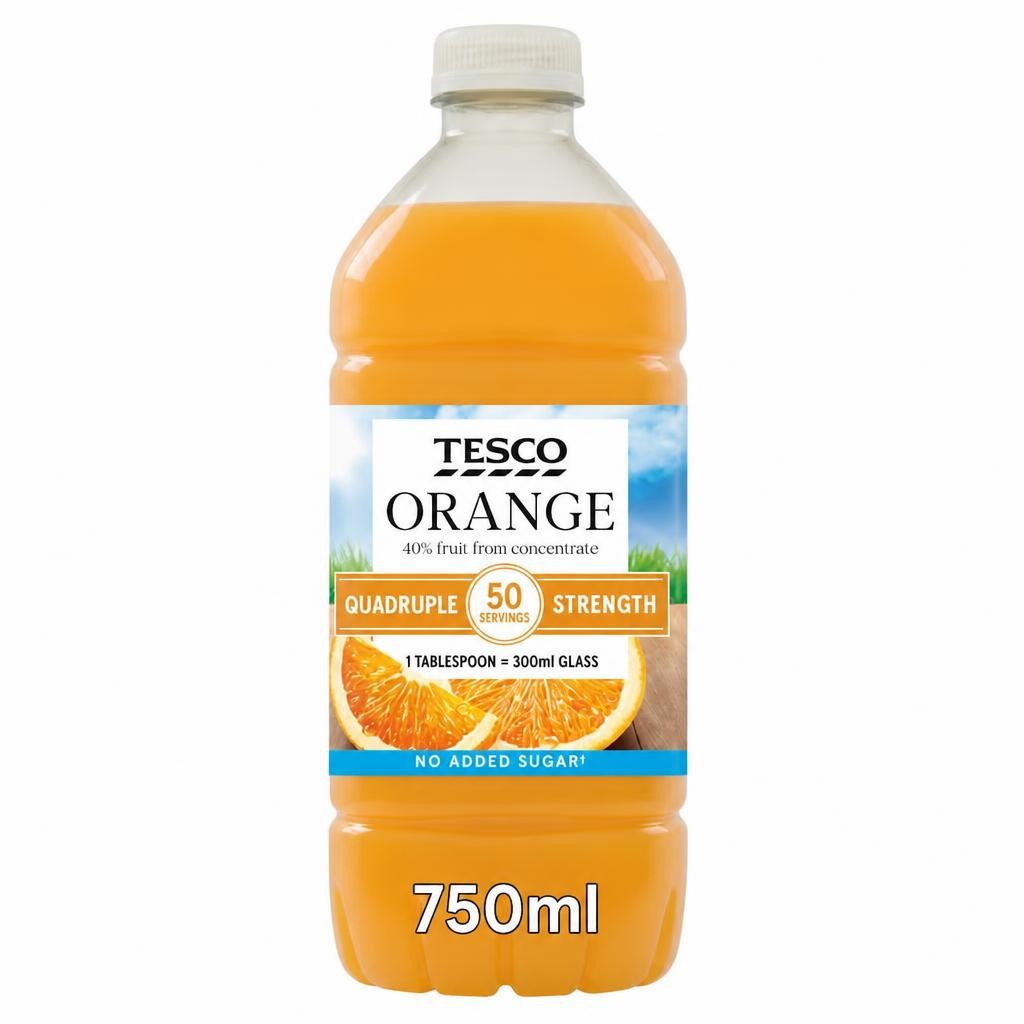 Tesco Quadruple Strength Orange Squash No Added Sugar 750Ml