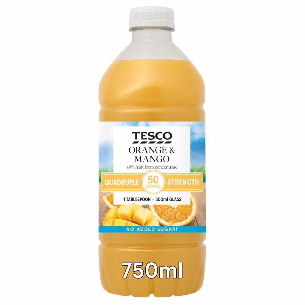 Tesco Quadruple Strength Orange & Mango Squash No Added Sugar 750Ml