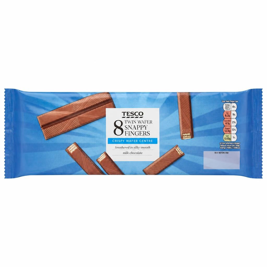 Tesco Snappy Fingers Milk Chocolate Wafer Biscuit Bars Multipack, 8 Pack 172g