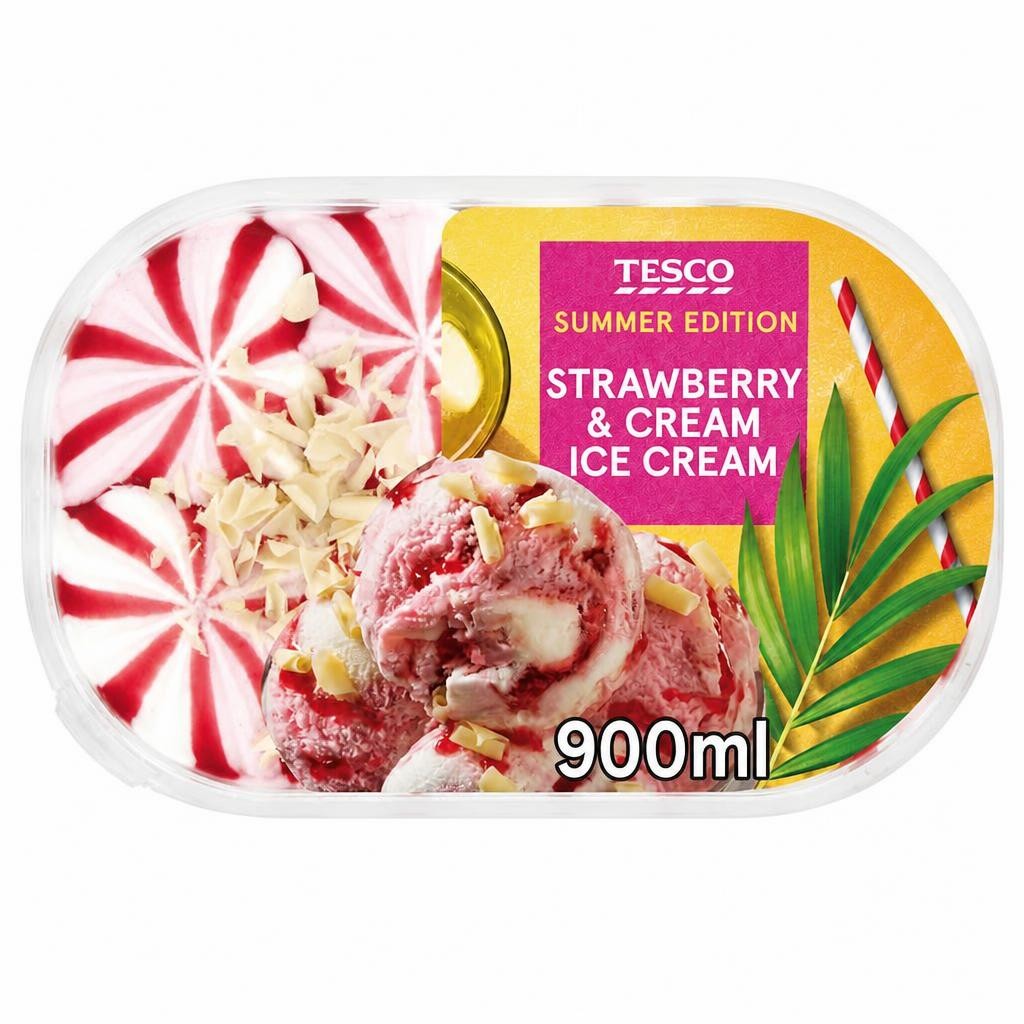 Tesco Strawberry & Cream Ice Cream Tub 900Ml