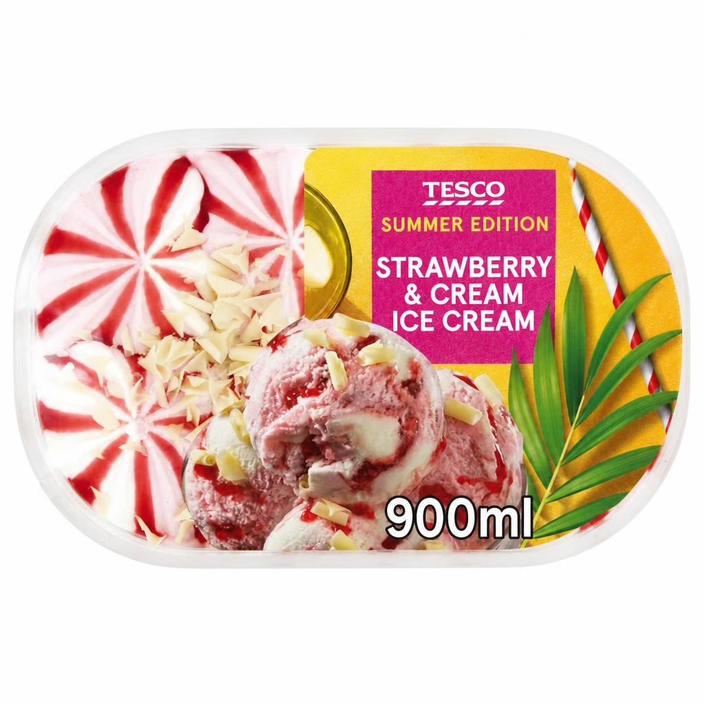 Tesco Strawberry & Cream Ice Cream Tub 900Ml