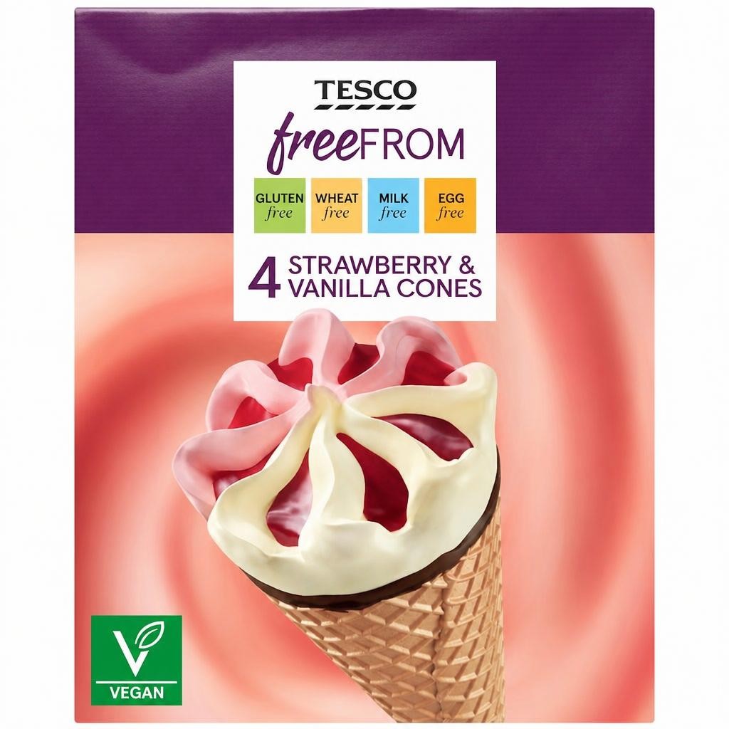 Tesco Free From Strawberry & Vanilla Cones 4 X 120Ml