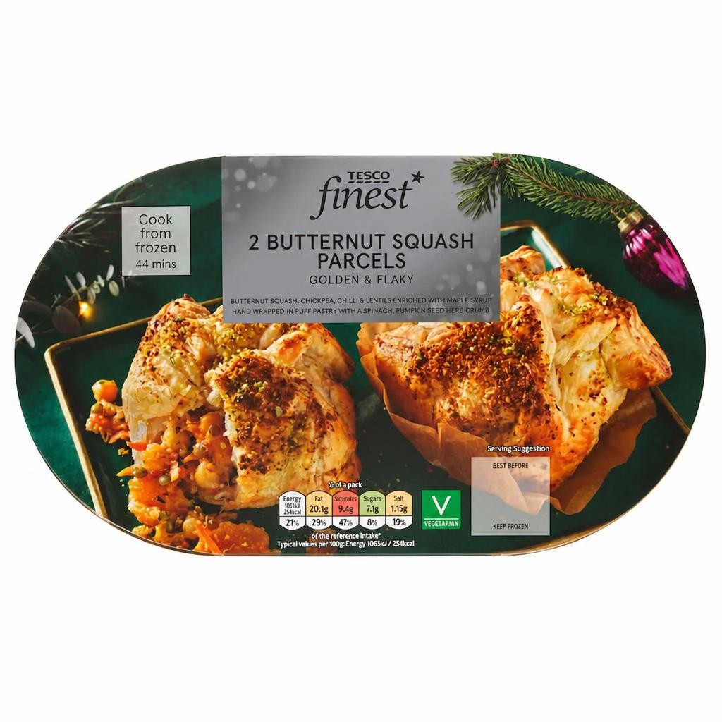 Tesco Finest Butternut Squash, Chickpea & Chilli Parcels Topped with a Spinach, Herb & Seed Crumb 356g