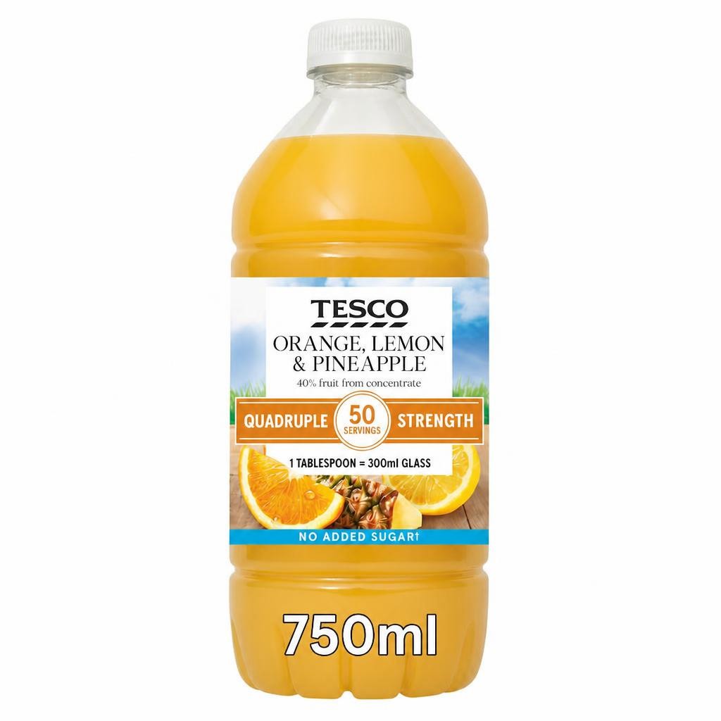 Tesco Quadruple Strength Orange Lemon & Pineapple 750Ml