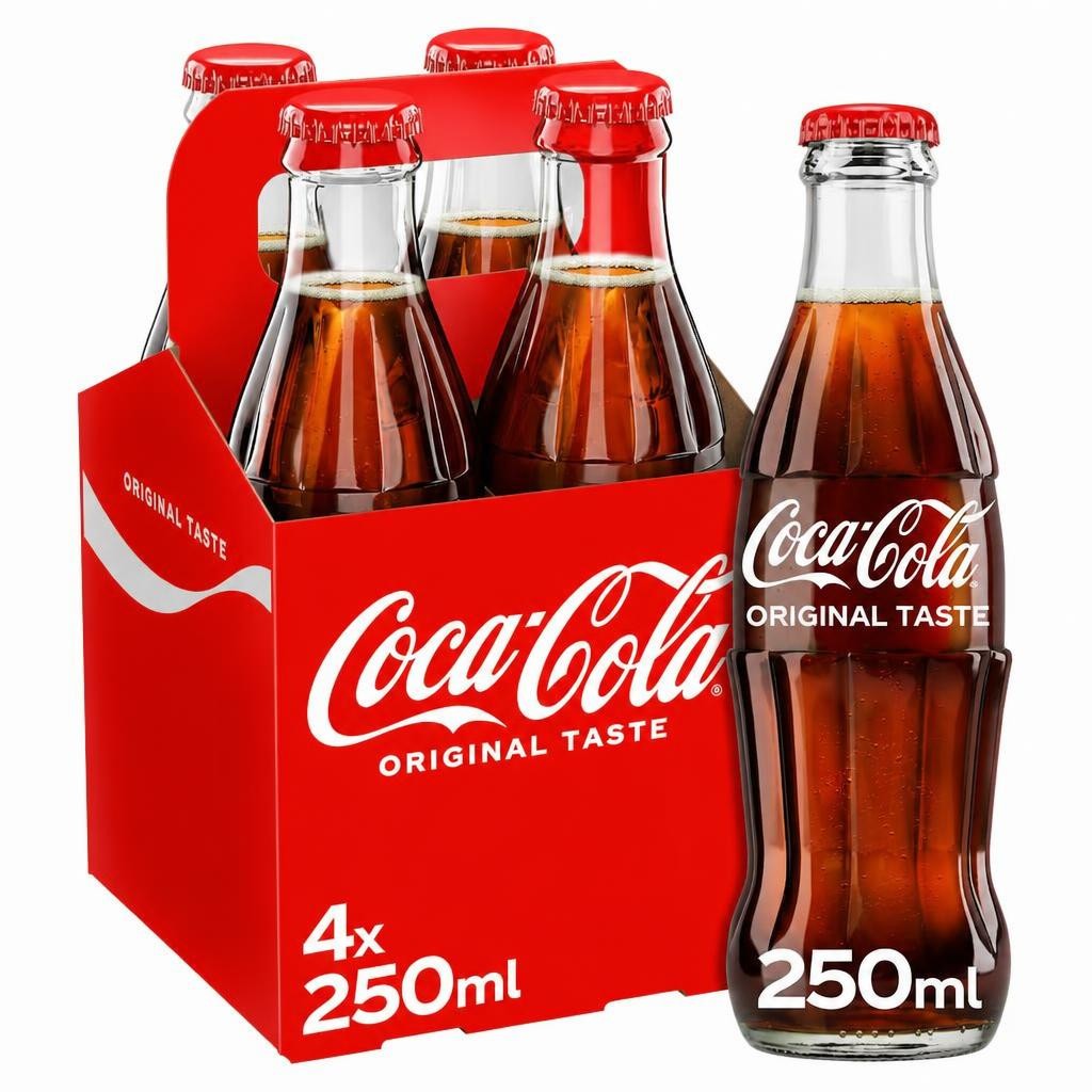 Coca-Cola Original Taste Soft Drink Glass Bottles 4 x 250 mL