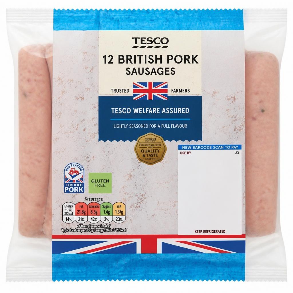 Tesco 12 Pork Sausages 681G