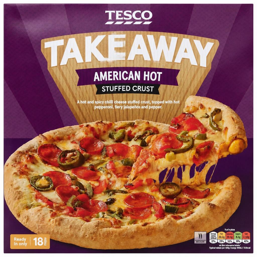TESCO TAKEAWAY AMERICAN HOT CHILLI CHEESE STUFFED CRUST PIZZA 505G
