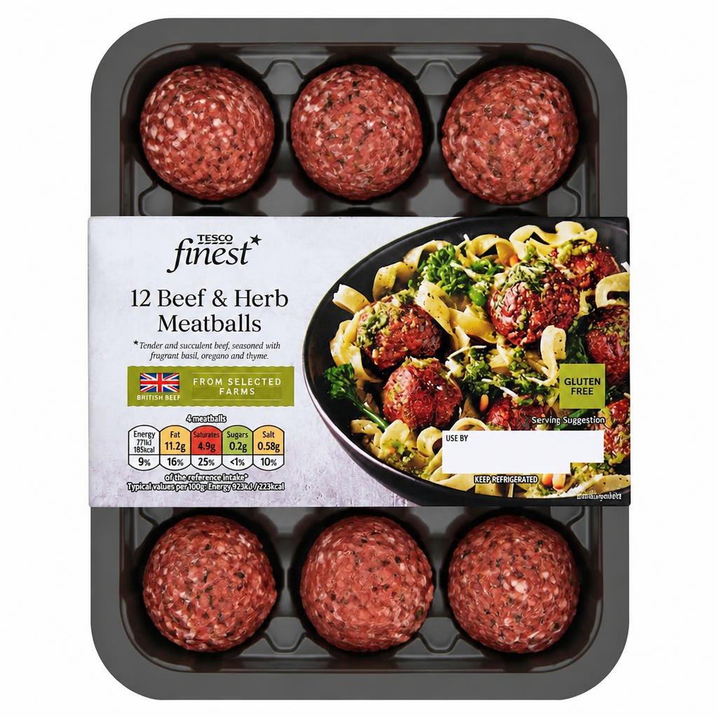 Tesco Finest 12 Beef & Herb Meatballs 336G
