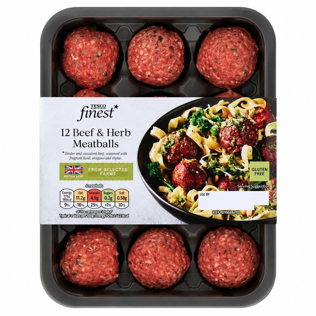 Tesco Finest 12 Beef & Herb Meatballs 336G