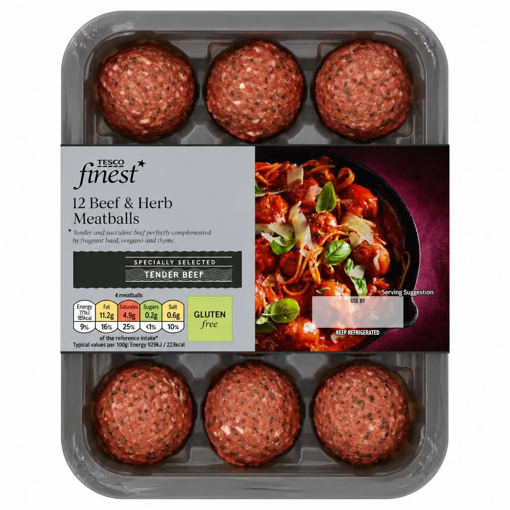Tesco Finest 12 Beef & Herb Meatballs 336G