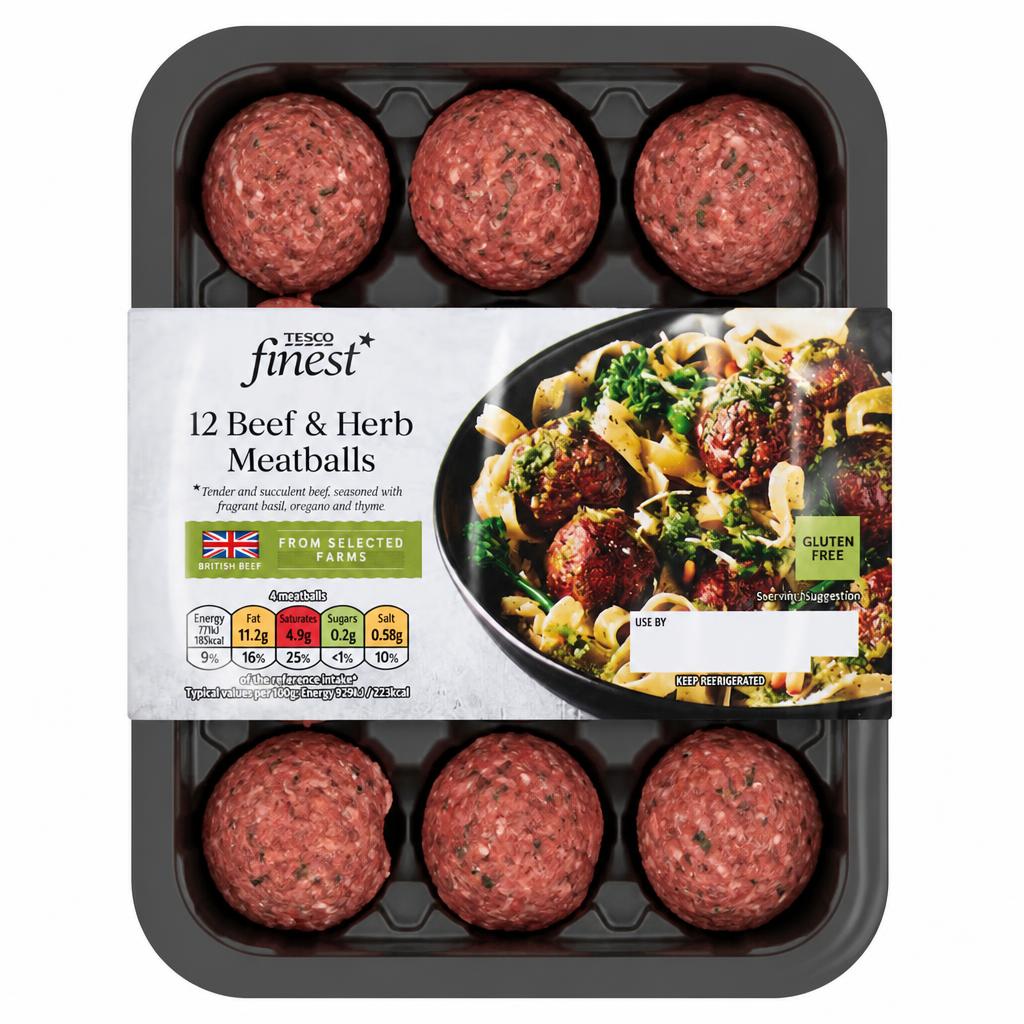 Tesco Finest 12 Beef & Herb Meatballs 336G
