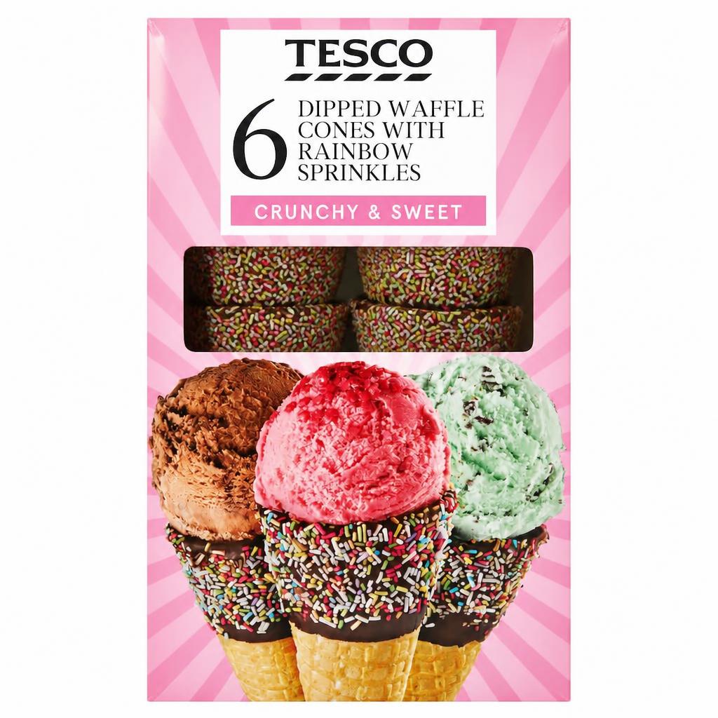 Tesco 6 Dipped Waffle Cones With Sprinkles 150g