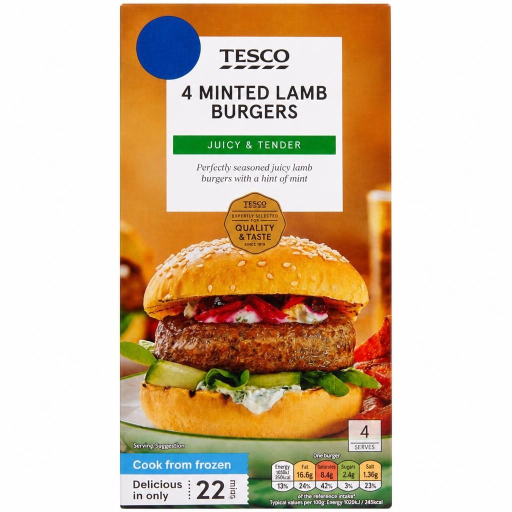 Tesco 4 Minted Lamb Burgers 454G