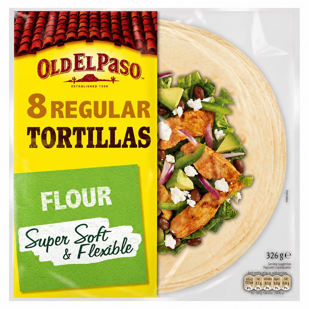 Old El Paso Regular Super Soft Flour Tortillas Wraps 8Pk 326G