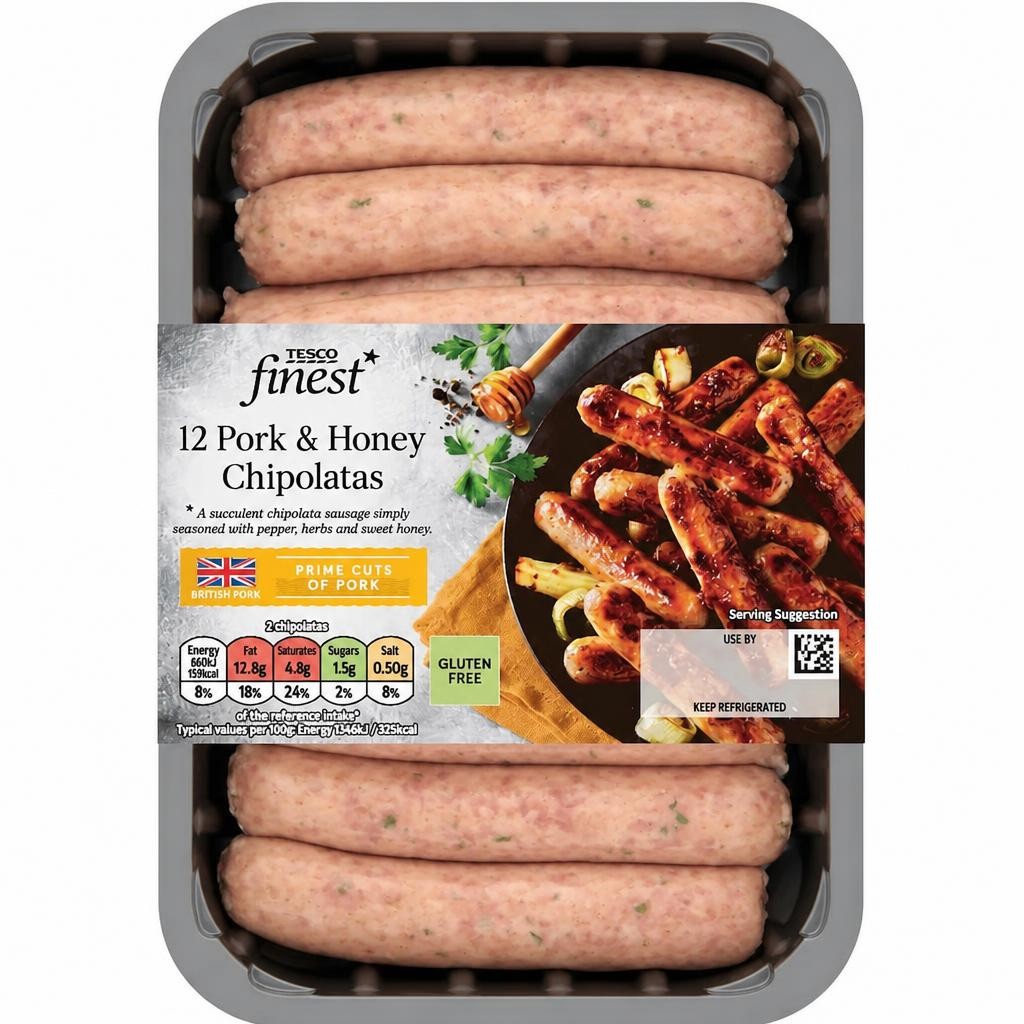 Tesco Finest British 12 Pork & Honey Chipolatas 375G