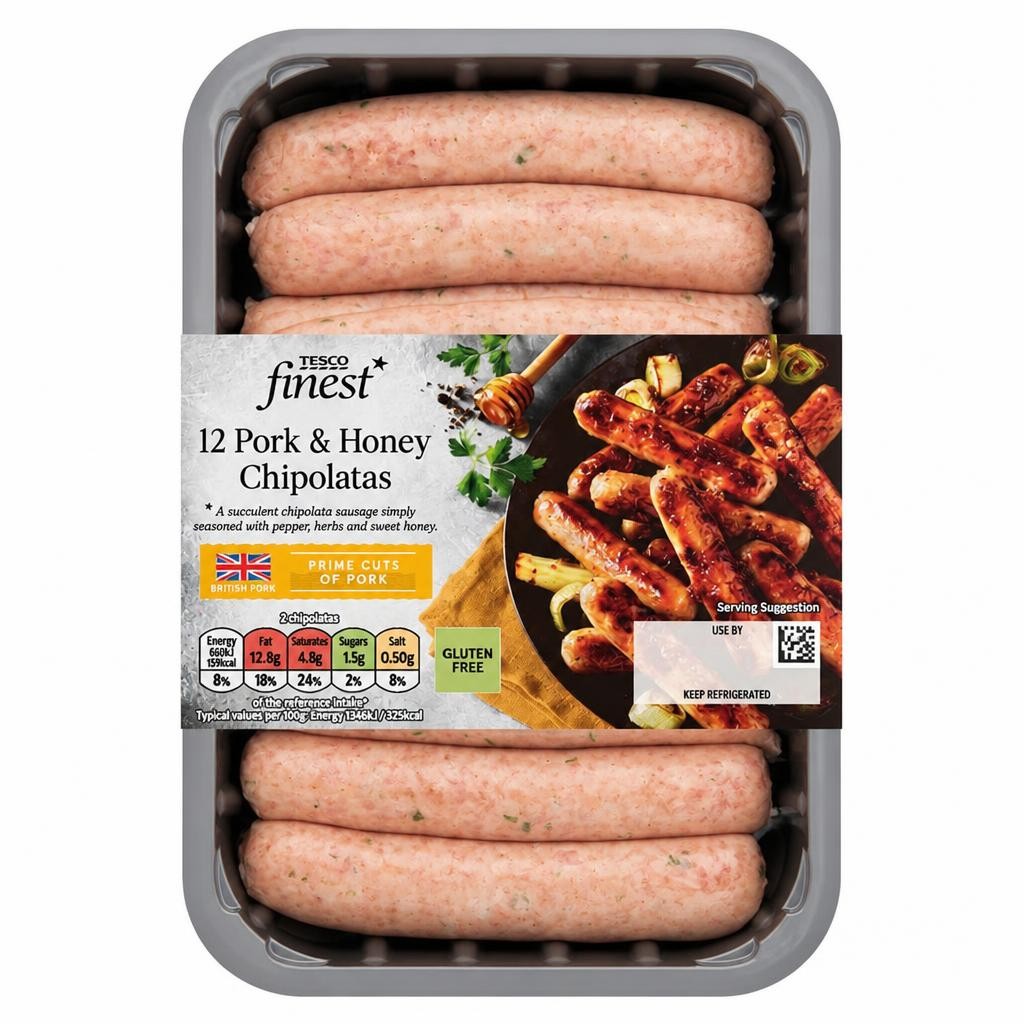 Tesco Finest British 12 Pork & Honey Chipolatas 375G