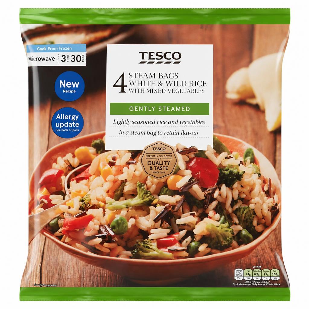 Tesco 4 Steam Bags Rice With Mixed Vegetables 600g