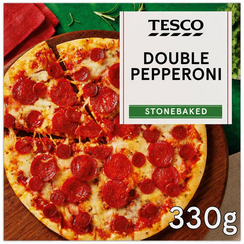 TESCO STONEBAKED DOUBLE PEPPERONI PIZZA 330g