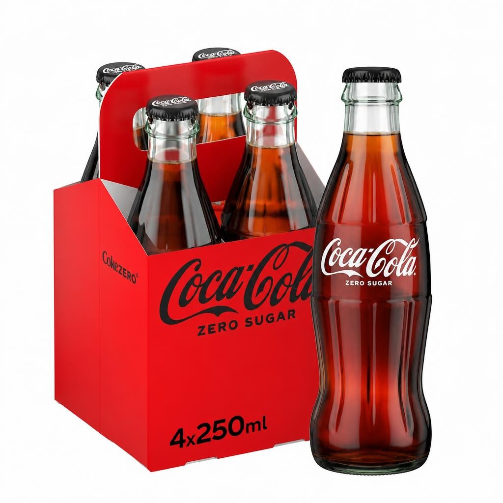 Coca-Cola Zero Sugar Soft Drink Glass Bottles 4 x 250 mL