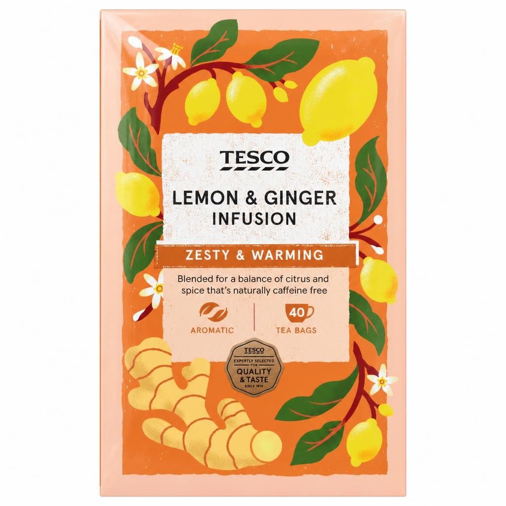 Tesco Lemon & Ginger 40 Tea Bags 80G