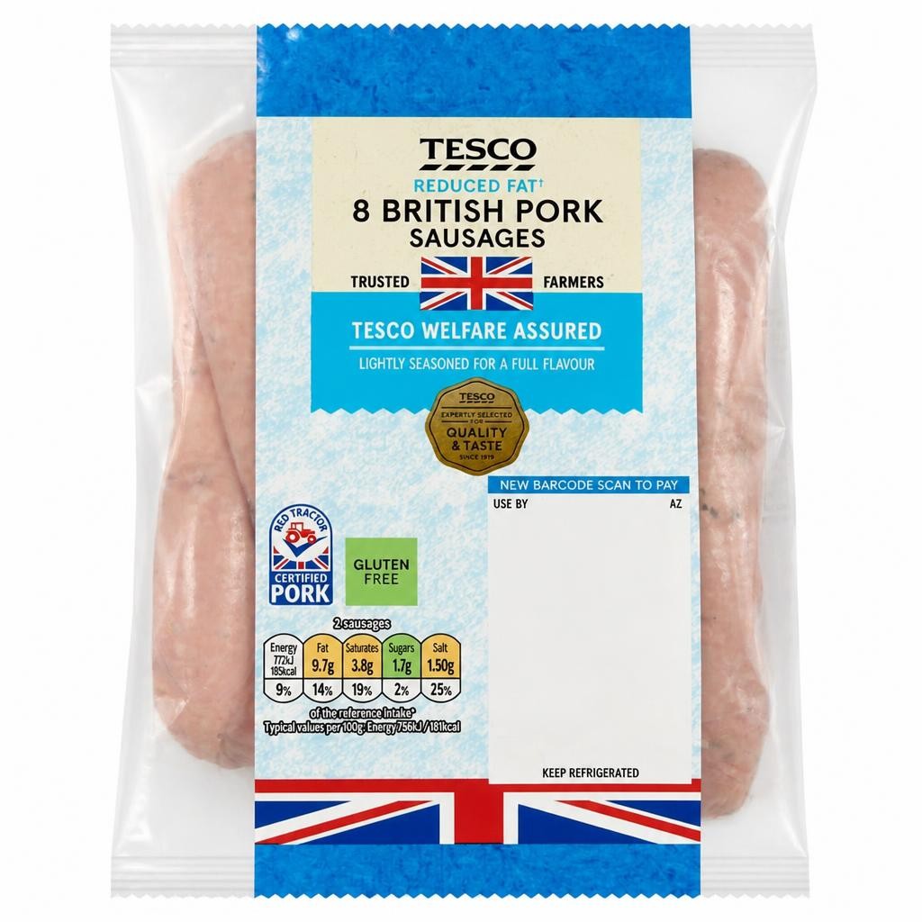 Tesco 8 Reduced Fat Pork Sausages 454G