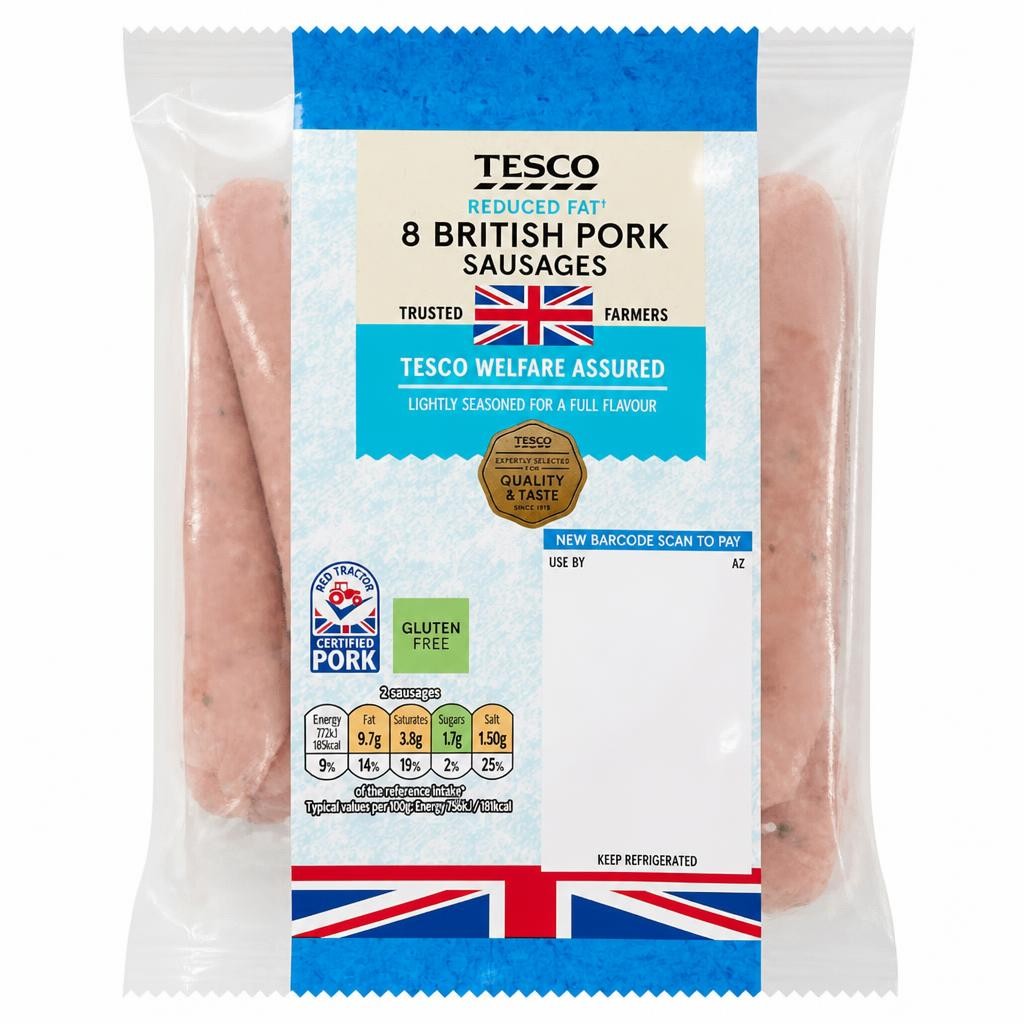 Tesco 8 Reduced Fat Pork Sausages 454G