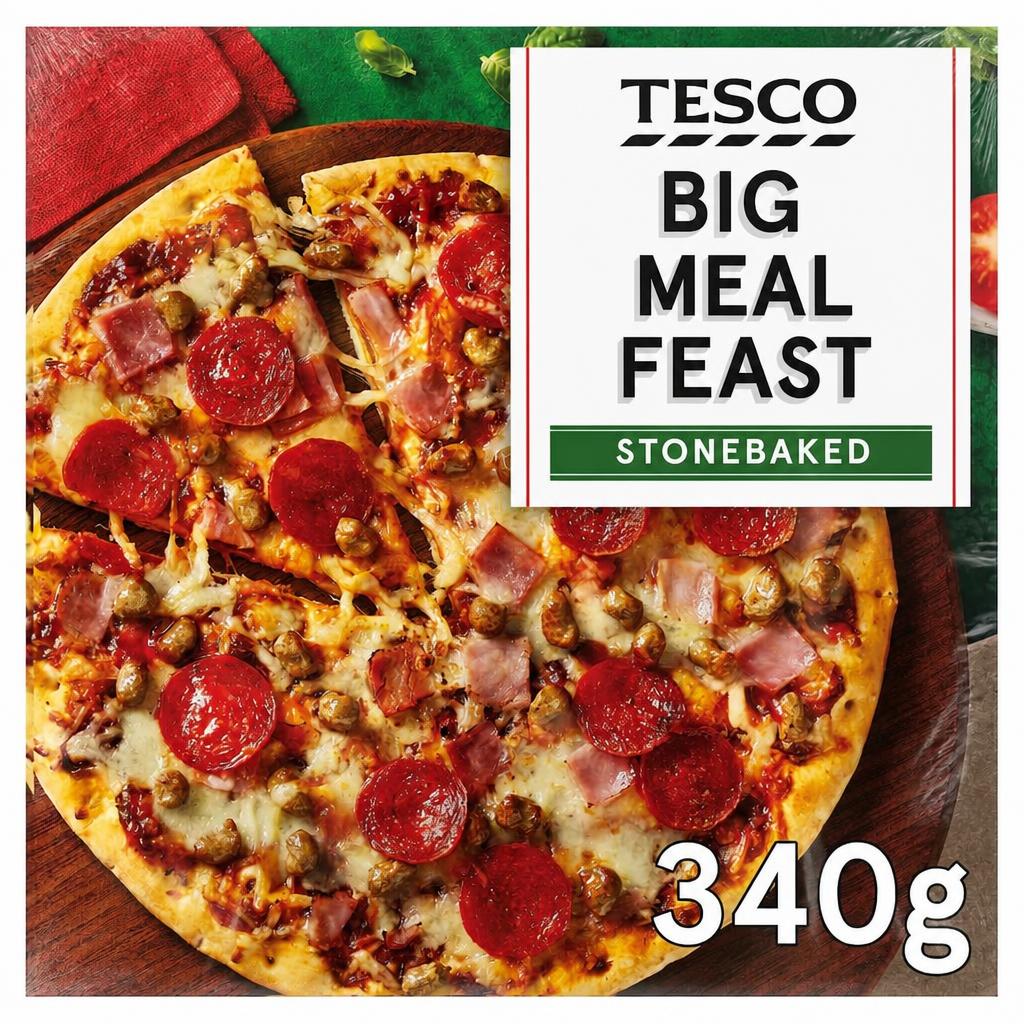 TESCO STONEBAKED BBQ MEAT FEAST PIZZA 340G