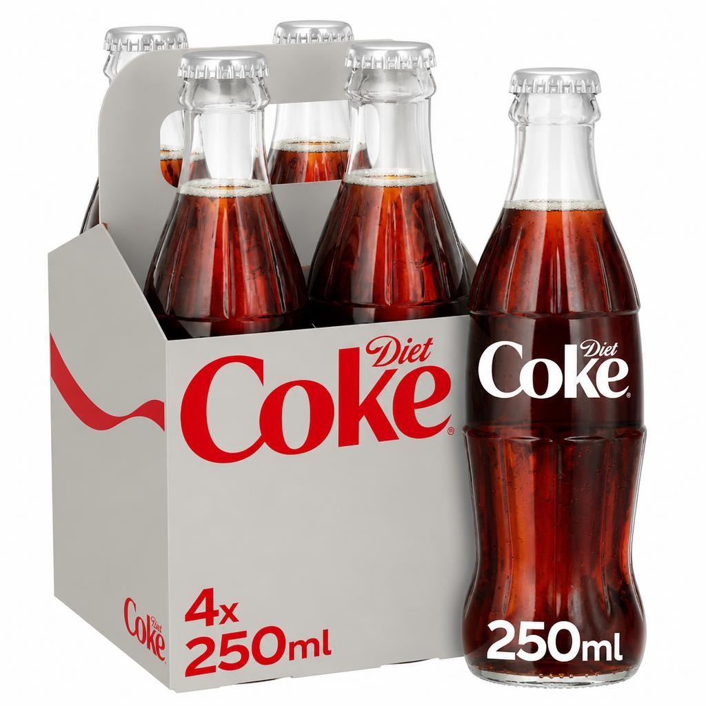 Diet Coke Soft Drink Glass Bottles 4 x 250 mL