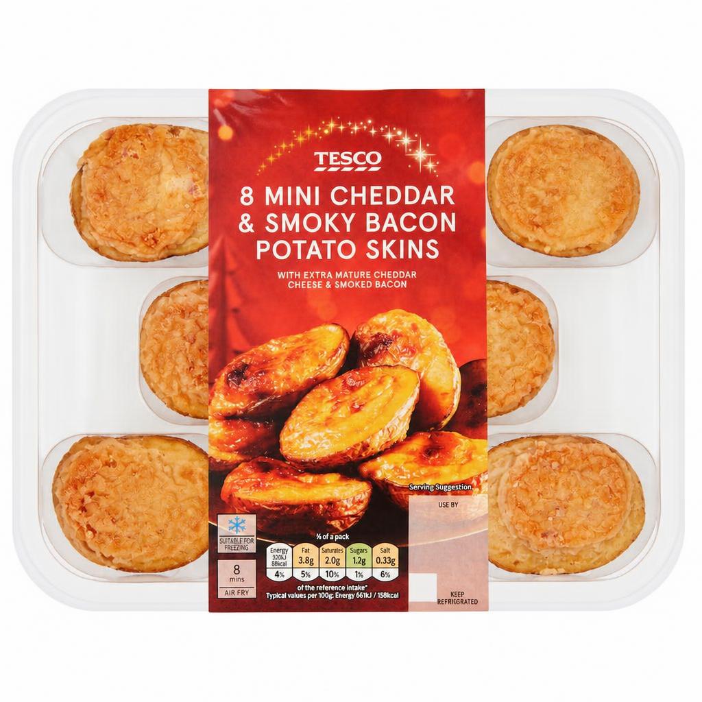 Tesco 8 Mature Cheddar & Smoky Bacon Skins 224G