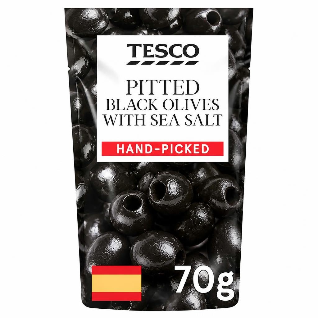 Tesco Pitted Black Olives & Sea Salt 70G