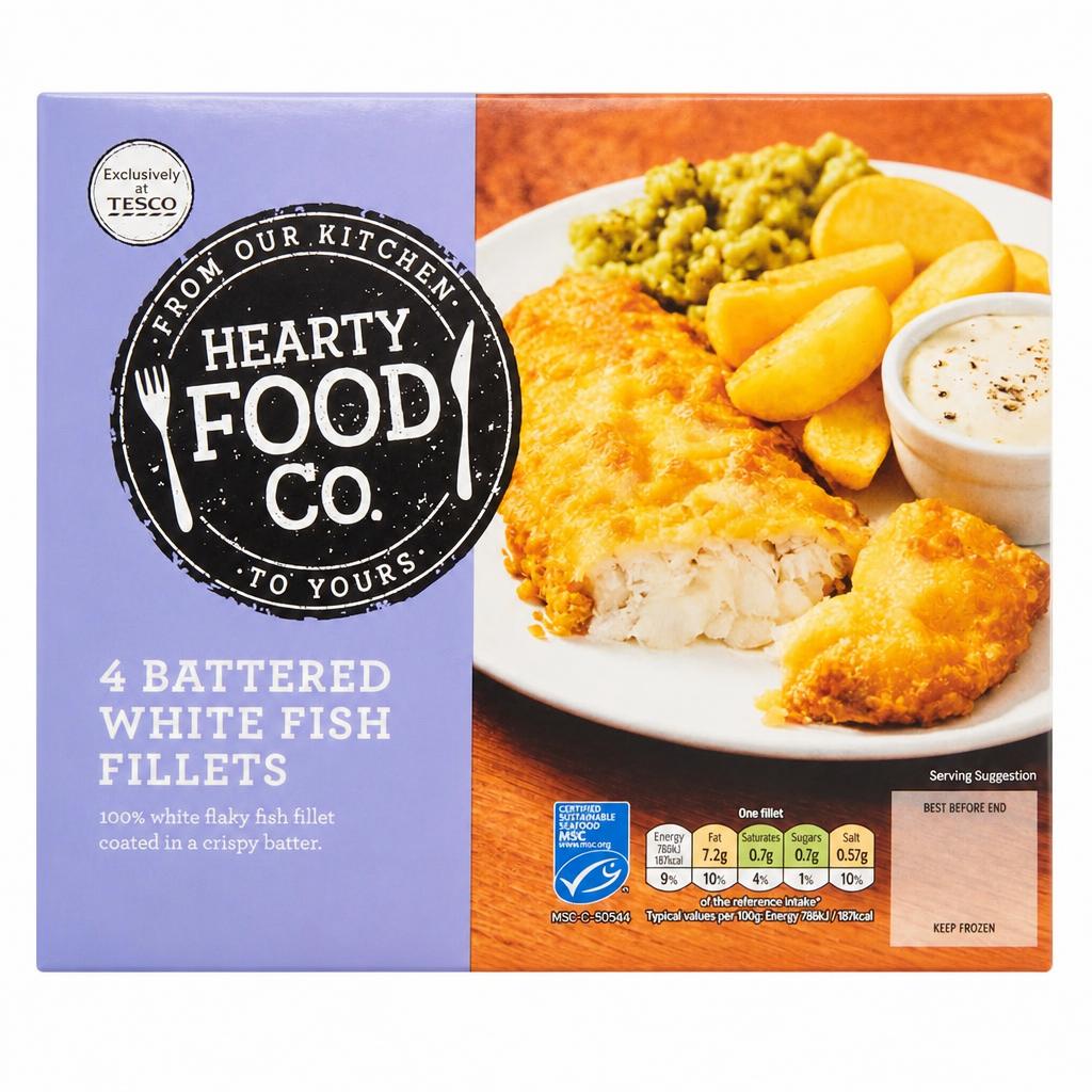 Hearty Food Co 4 Battered White Fish Fillets 400G