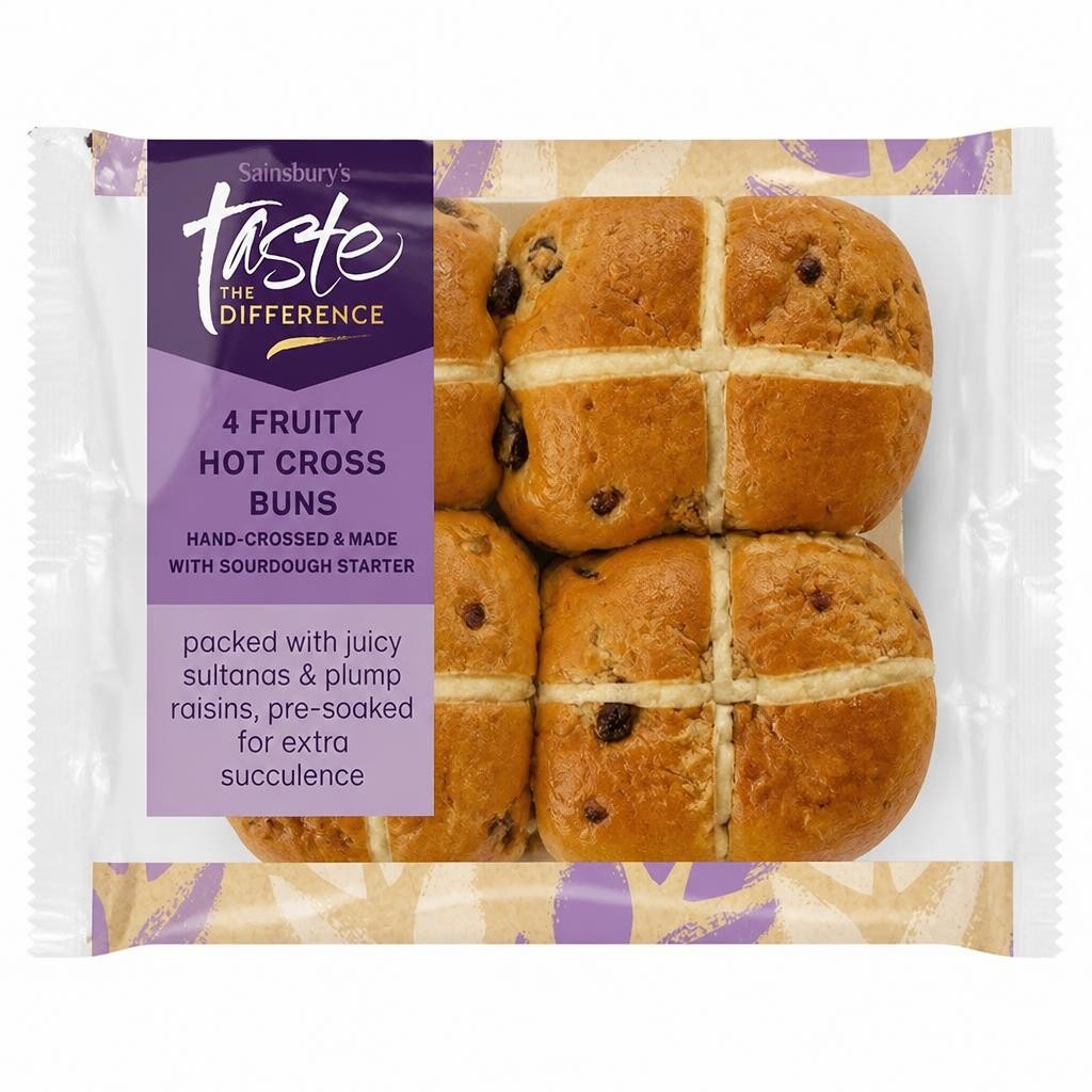 Sainsbury's 4 Fruity Hot Cross Buns, Taste the Difference 280g