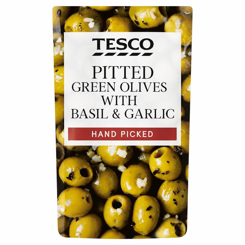 Tesco Pitted Green Olives Basil&Garlic 70G