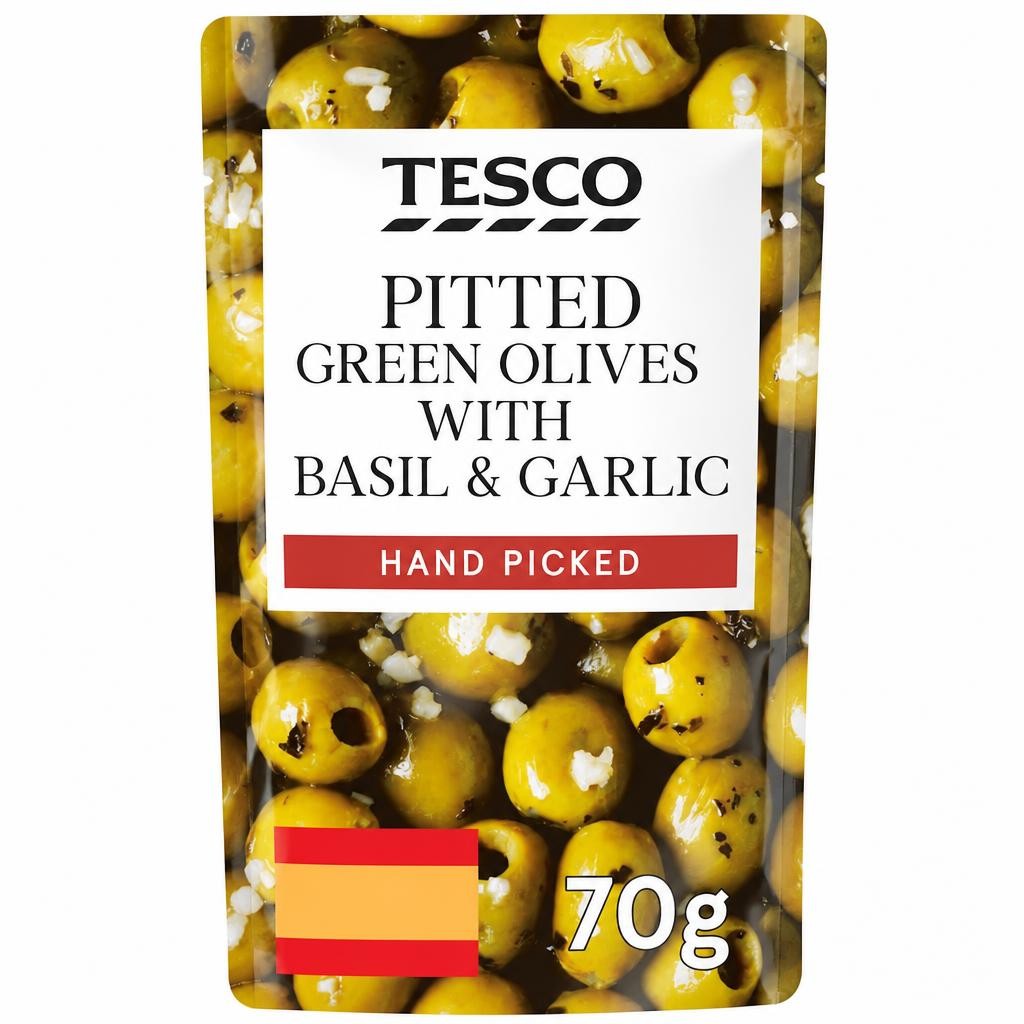 Tesco Pitted Green Olives Basil&Garlic 70G