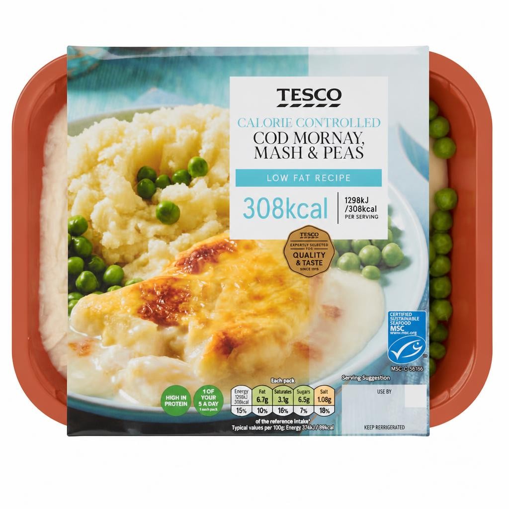 Tesco Calorie Controlled Cod Mornay, Mash & Peas 380g