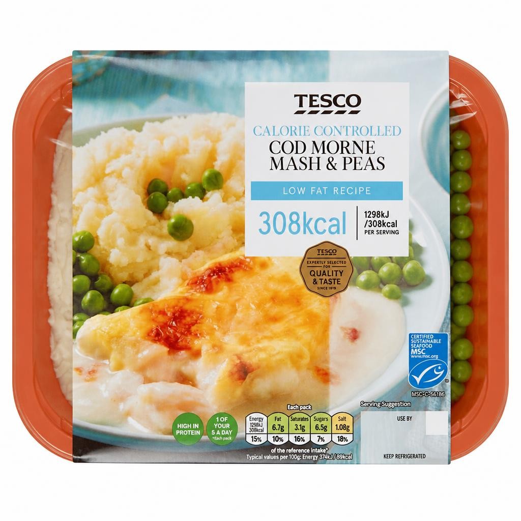 Tesco Calorie Controlled Cod Mornay, Mash & Peas 380g