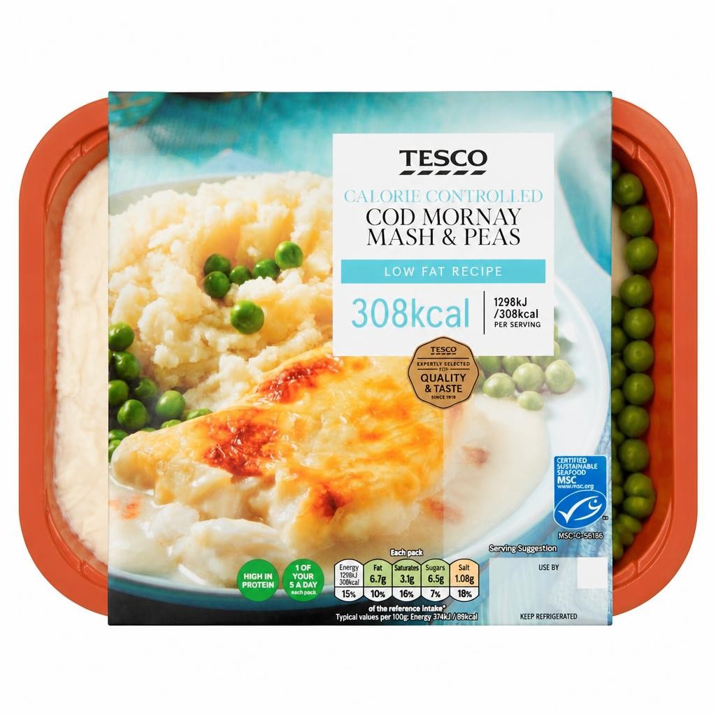 Tesco Calorie Controlled Cod Mornay, Mash & Peas 380g