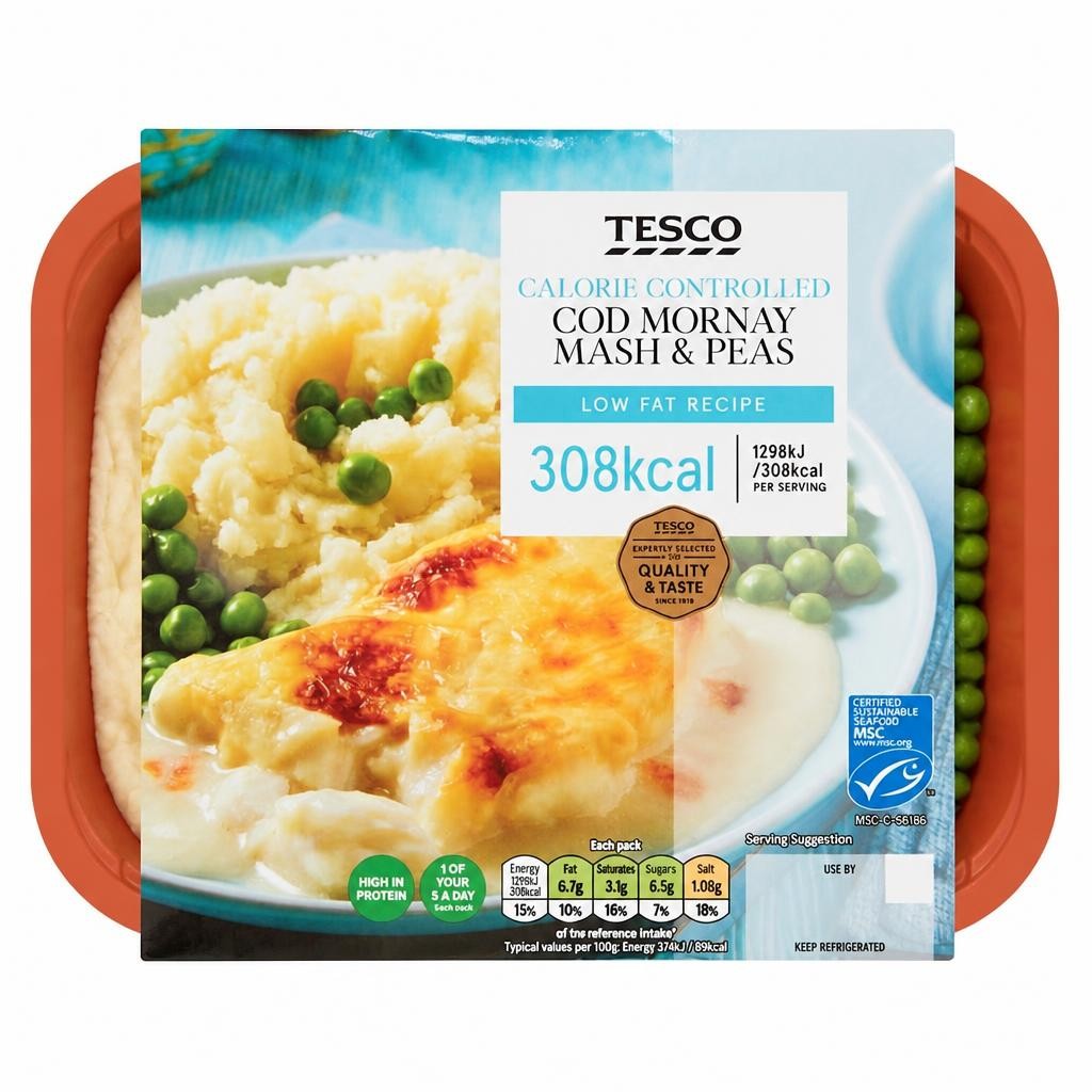 Tesco Calorie Controlled Cod Mornay, Mash & Peas 380g
