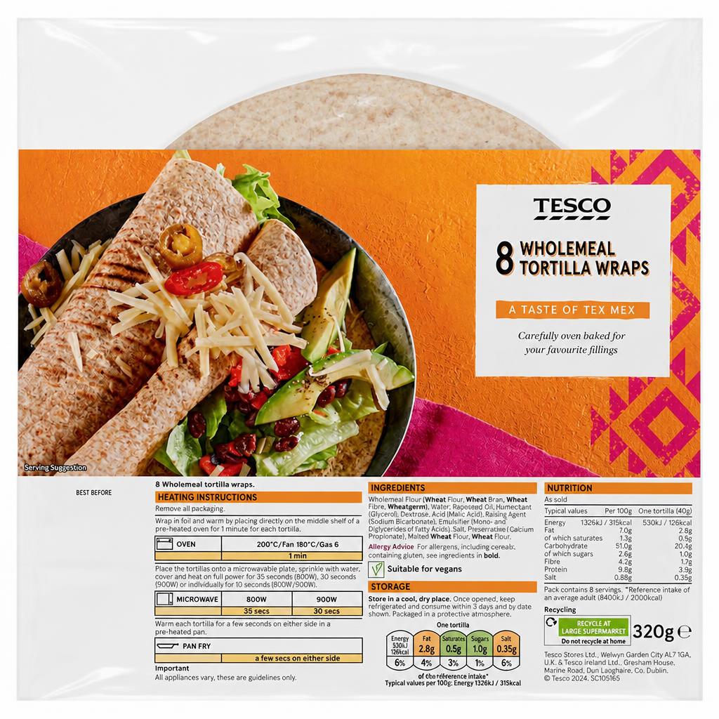 Tesco Wholemeal Tortilla Wraps 8 Pack 320g