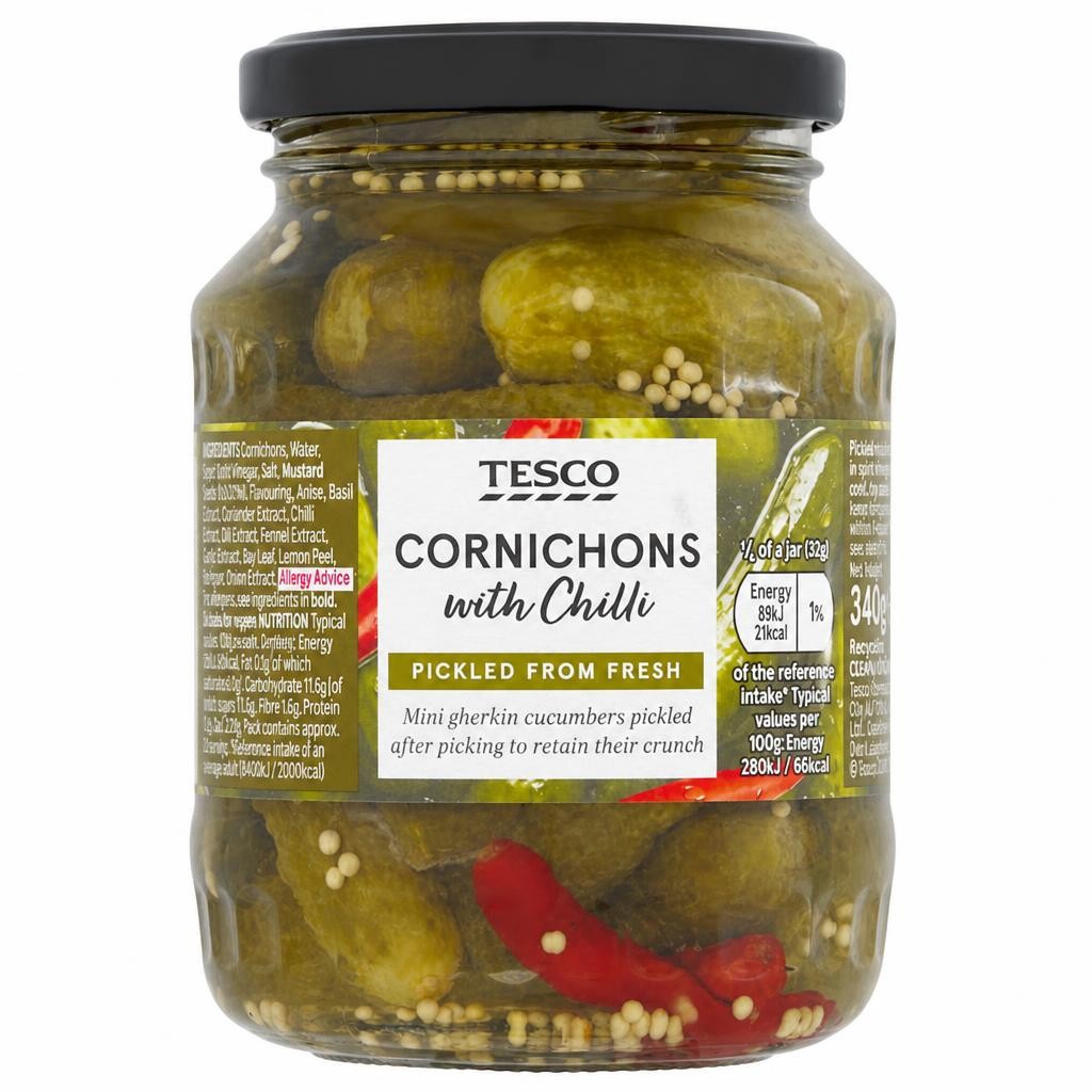 Tesco Cornichons With Chilli 340G
