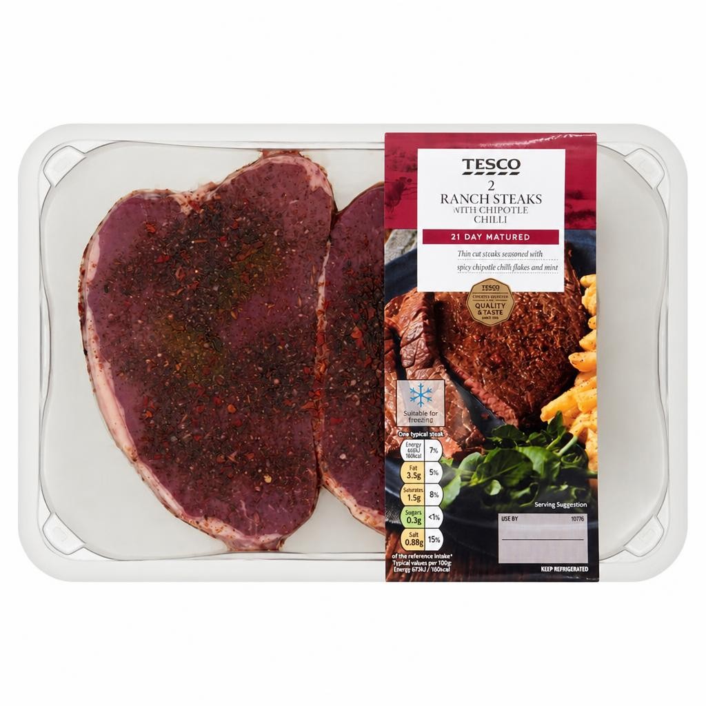 Tesco 2 Beef Ranch Steaks With Garlic & Chilli 250G