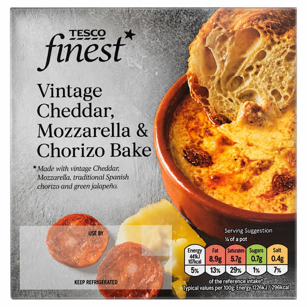 Tesco Finest Cheddar Mozzarella & Chorizo Bake 150G
