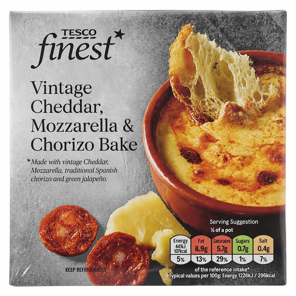 Tesco Finest Cheddar Mozzarella & Chorizo Bake 150G